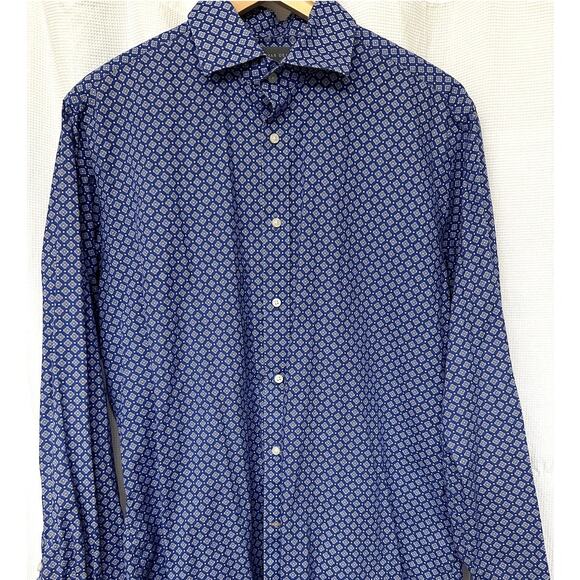 Thomas Dean 100% Cotton Blue Button Front Shirt Sz L w/ White Diamond Print - Picture 1 of 5